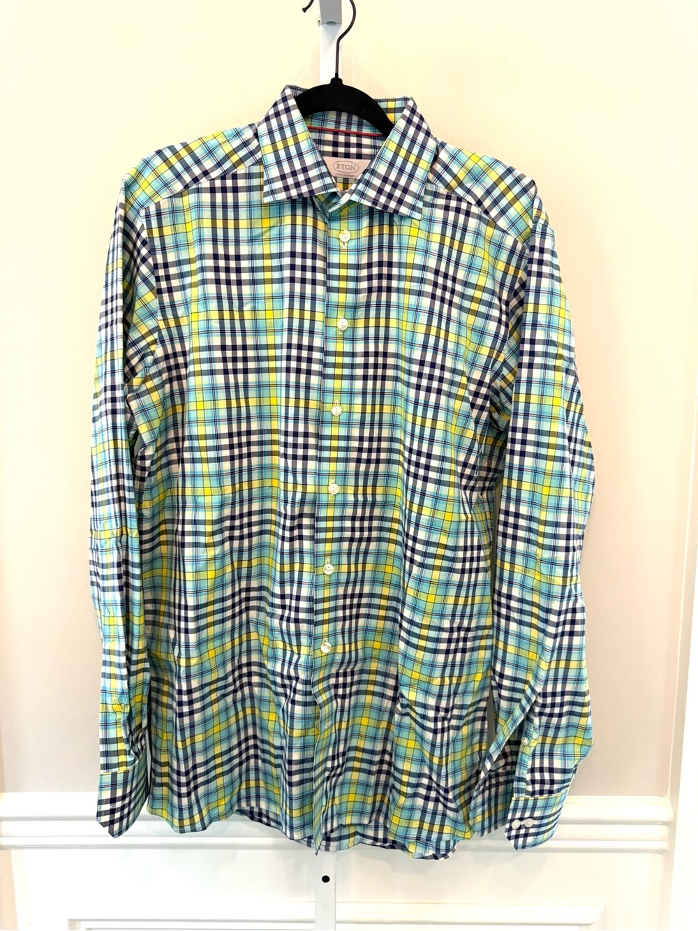 Eton Contemporary Fit Mens Button Up Shirt Plaid Yellow Blue Sz 41/16